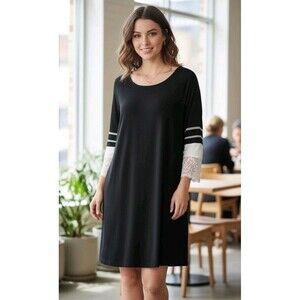 Umgee USA 1XL Black Tunic Dress White Lace Bell Sleeves Striped Detail Pre-Owned